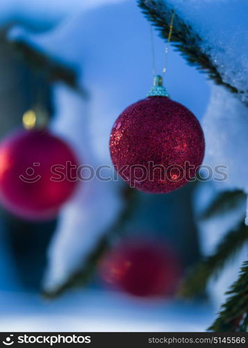 christmas tree red ball decoration with real snow