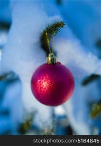christmas tree red ball decoration with real snow