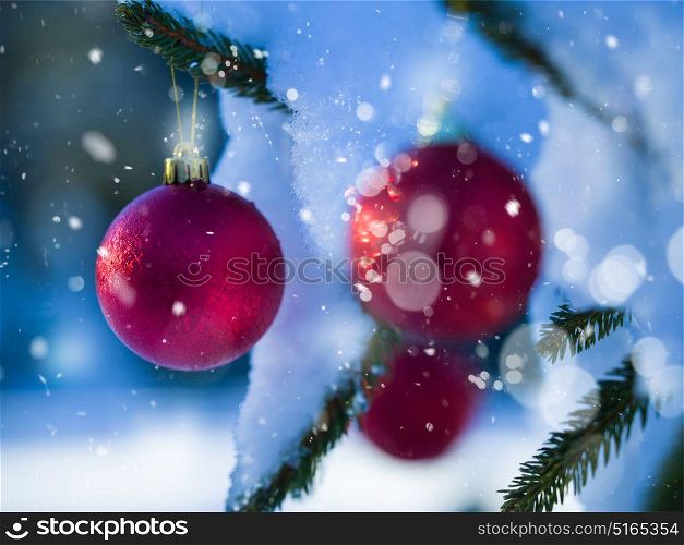 christmas tree red ball decoration with real snow
