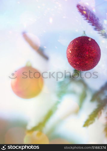 christmas tree red ball decoration with real snow