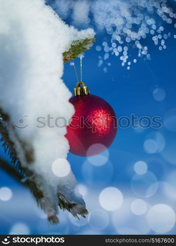 christmas tree red ball decoration with real snow