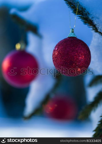 christmas tree red ball decoration with real snow