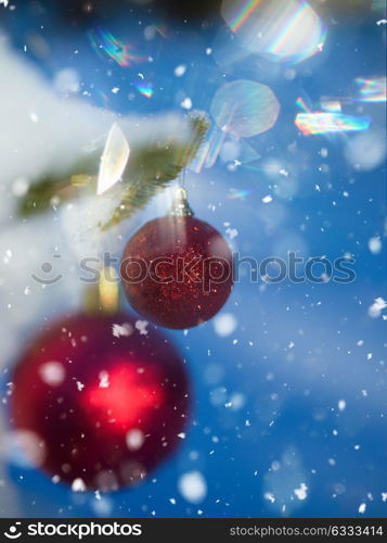 christmas tree red ball decoration with real snow