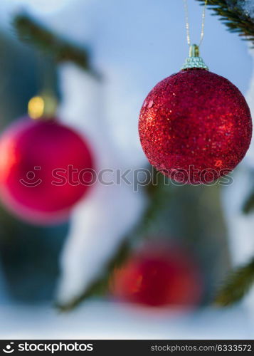 christmas tree red ball decoration with real snow