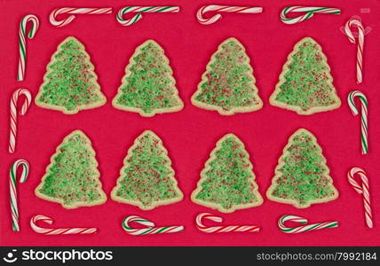 Christmas tree shaped cookies organized on red background with candy cane border.