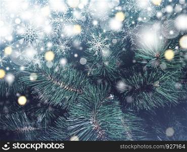 Christmas tree texture background with snow falling and snowflake