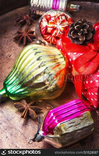 Christmas tree toys. Christmas gift box and old-fashioned glass soviet christmas ornament