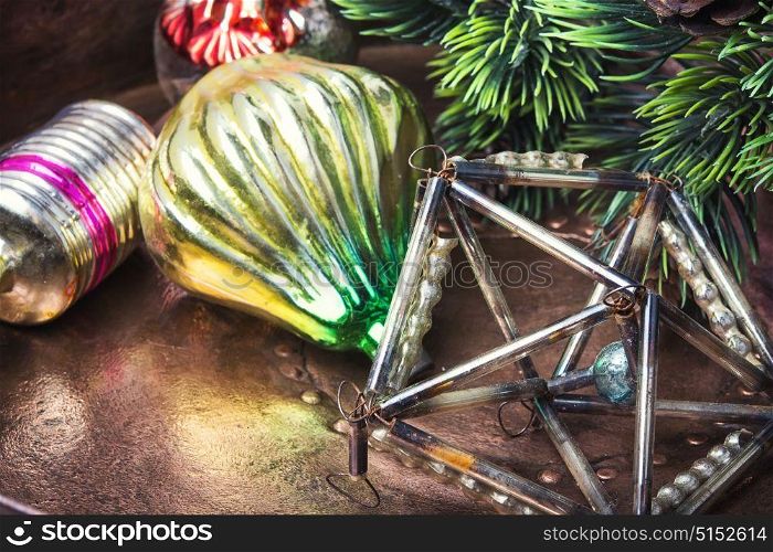 Christmas tree toys. Old-fashioned retro glass toy on a Christmas tree.Soviet vintage Christmas-tree decoration