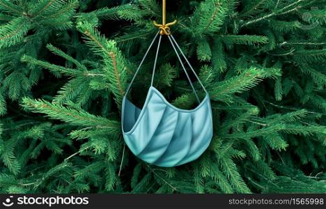 Christmas tree with a face mask as a holiday ornament or festive winter decoration as a medical and health care concept as a new normal for medical workers and virus prevention in a 3D illustration style.