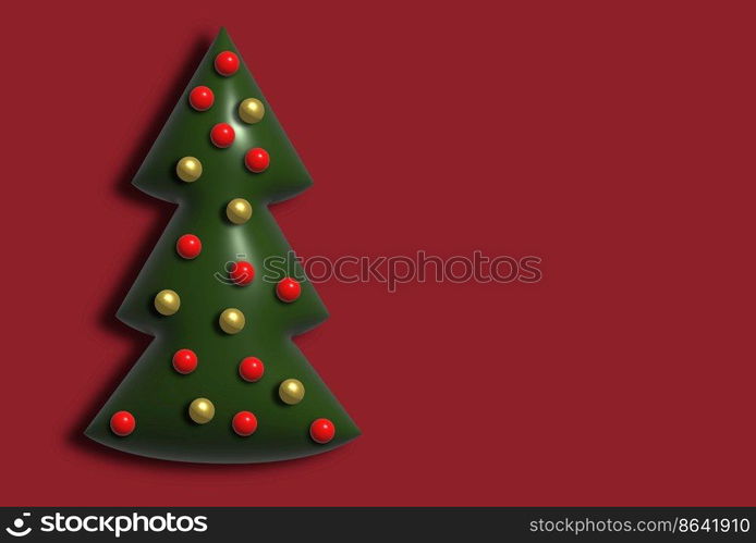 Christmas tree with balls on a red background, 3D render illustration, copy space