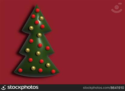 Christmas tree with balls on a red background, 3D render illustration, copy space