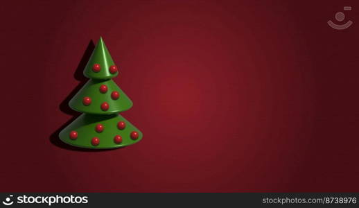 Christmas tree with balls on a red background, 3D render illustration, copy space