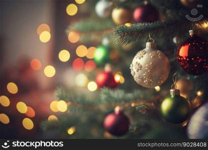 Christmas Tree with Baubles Ball Toys And Blurred Shiny Lights on Background. Generative AI. High quality illustration. Christmas Tree with Baubles Ball Toys And Blurred Shiny Lights on Background. Generative AI