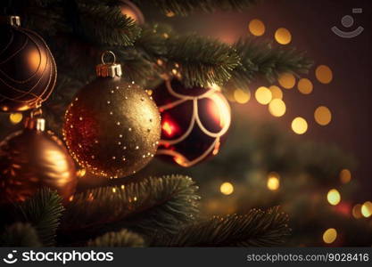 Christmas Tree with Baubles Ball Toys And Blurred Shiny Lights on Background. Generative AI. High quality illustration. Christmas Tree with Baubles Ball Toys And Blurred Shiny Lights on Background. Generative AI