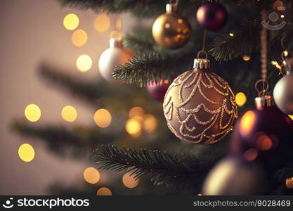 Christmas Tree with Baubles Ball Toys And Blurred Shiny Lights on Background. Generative AI. High quality illustration. Christmas Tree with Baubles Ball Toys And Blurred Shiny Lights on Background. Generative AI