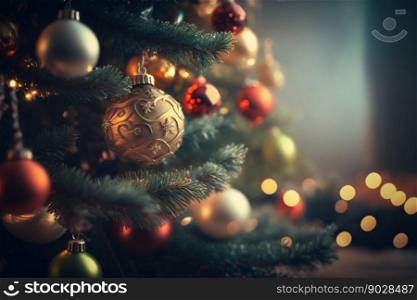 Christmas Tree with Baubles Ball Toys And Blurred Shiny Lights on Background. Generative AI. High quality illustration. Christmas Tree with Baubles Ball Toys And Blurred Shiny Lights on Background. Generative AI