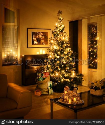Christmas tree with burlap sack full of gift boxes in living room warm feeling