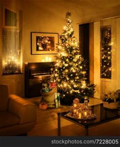Christmas tree with burlap sack full of gift boxes in living room warm feeling