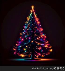 Christmas tree with color lights, garland on dark background . High quality 3d illustration. Christmas tree with color lights, garland on dark background 