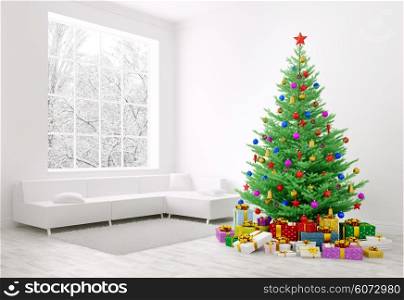 Christmas tree with colorful baubles, gifts in a living room interior 3d rendering