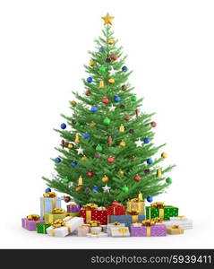 Christmas tree with colorful gifts isolated over white 3d render