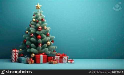 Christmas tree with decorations and red gift boxes , a place for text. Christmas tree with decorations and gifts , a place for text