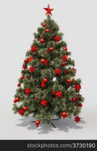 Christmas tree with decorations on gray background