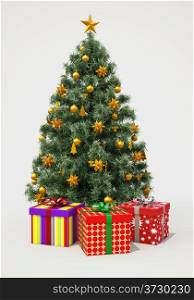 Christmas tree with decorations on gray background