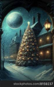 Christmas tree with full moon background in winter