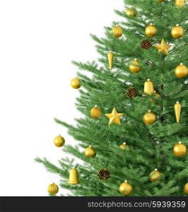 Christmas tree with golden decorations isolated over white 3d rendering