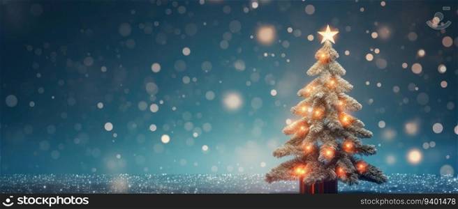 Christmas tree with lights and snowflakes on blue background 3D rendering
