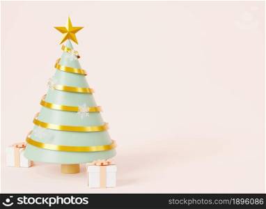 Christmas tree with ribbon decorations cartoon pines for banner greeting card on pink pastel background, New Year&rsquo;s and Xmas traditional symbol tree, Winter holiday icon, 3D rendering illustration