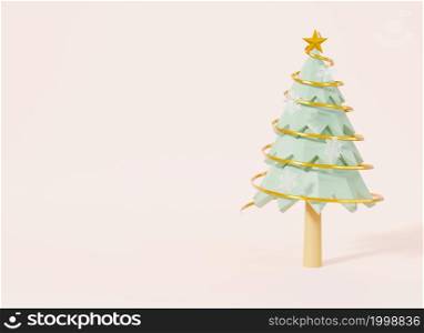 Christmas tree with ribbon decorations cartoon pines for banner greeting card on pink pastel background, New Year&rsquo;s and Xmas traditional symbol tree, Winter holiday icon, 3D rendering illustration