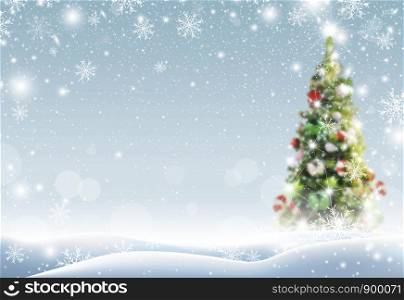 Christmas tree with snow falling in winter