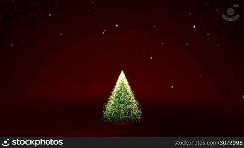 Christmas tree with yellow lights in tree. Falling snowflakes and stars on red background.