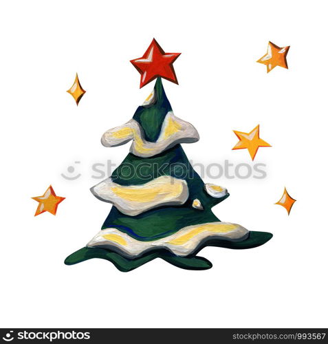 Christmas tree without decorations. New year icon with a red star and snow Isolated on a white background.. Christmas tree without decorations.