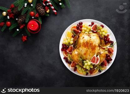 Christmas turkey. Roast Christmas turkey garnished for holiday Christmas dinner. Traditional food for Christmas dinner.
