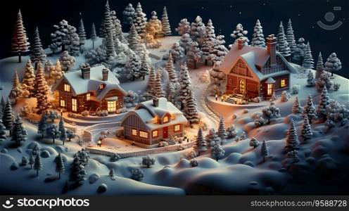 Christmas village 3D. Christmas Lights. Christmas and New Year holidays concept.