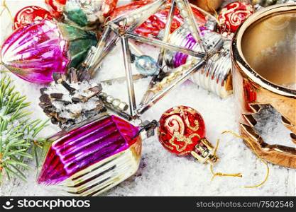 Christmas vintage decoration with retro bauble.New year or Christmas background. Vintage Christmas decorations