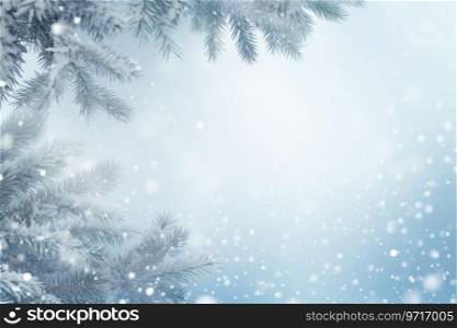 Christmas white background with fir branches and snowflakes. Winter banner concept with copy space with bokeh. Generative Ai