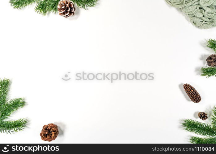 Christmas winter composition. Christmas pine cones, fir branches on white background. Flat lay, top view, copy space