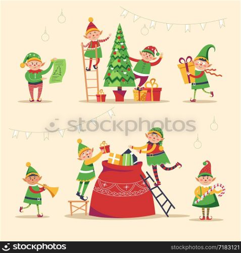 Christmas winter holiday, elves getting ready for holiday vector. Children, santa claus helpers gathering presents into sack and decorating evergreen pine tree. Gifts with wrapped paper and ribbons. Christmas winter holiday, elves getting ready for holiday