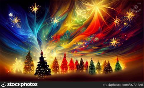 Christmas winter landscape with colorful evergreen tree forest. Aurora Borealis on night sky