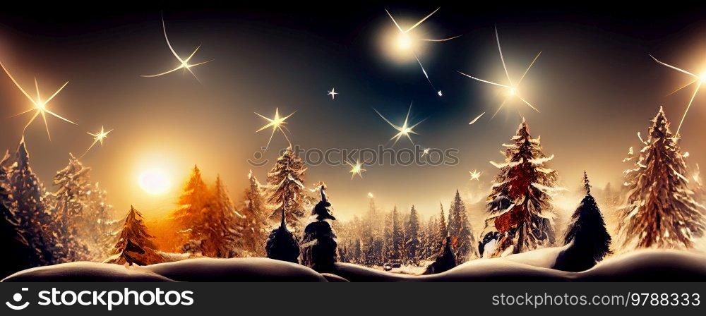 Christmas winter landscape with colorful evergreen tree forest. Aurora Borealis on night sky