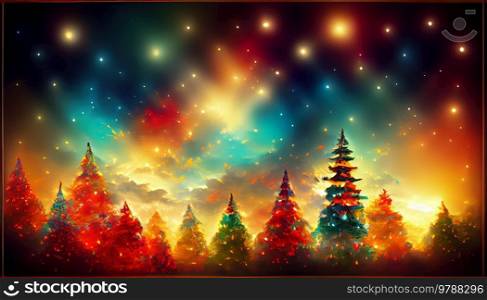 Christmas winter landscape with colorful evergreen tree forest with sparkling stars. Aurora Borealis on night sky