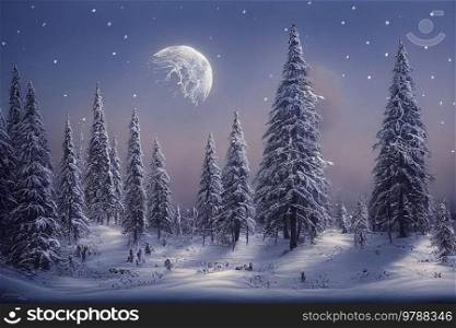 Christmas winter landscape with evergreen tree and snow at night with big moon. Aurora Borealis on night sky