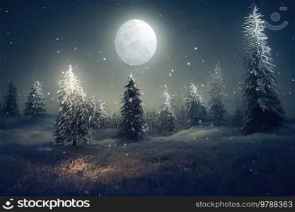 Christmas winter landscape with evergreen tree and snow at night with moon. Aurora Borealis on night sky