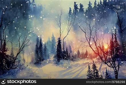 Christmas winter landscape with evergreen tree and snow, watercolor illustration. Aurora Borealis on night sky