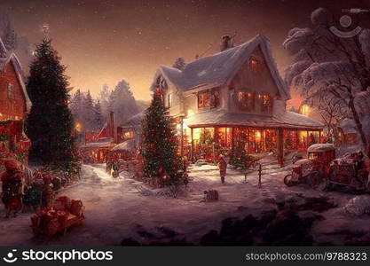 Christmas winter scenery with small village decorated for Christmas, magic cosy fary tale illustration. Cottage decorated for Christmas