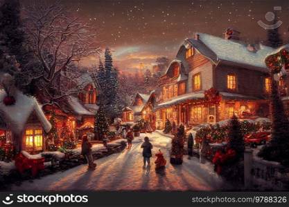 Christmas winter scenery with small village decorated for Christmas, people on the street celebrating, magic fary tale illustration. Cottage decorated for Christmas